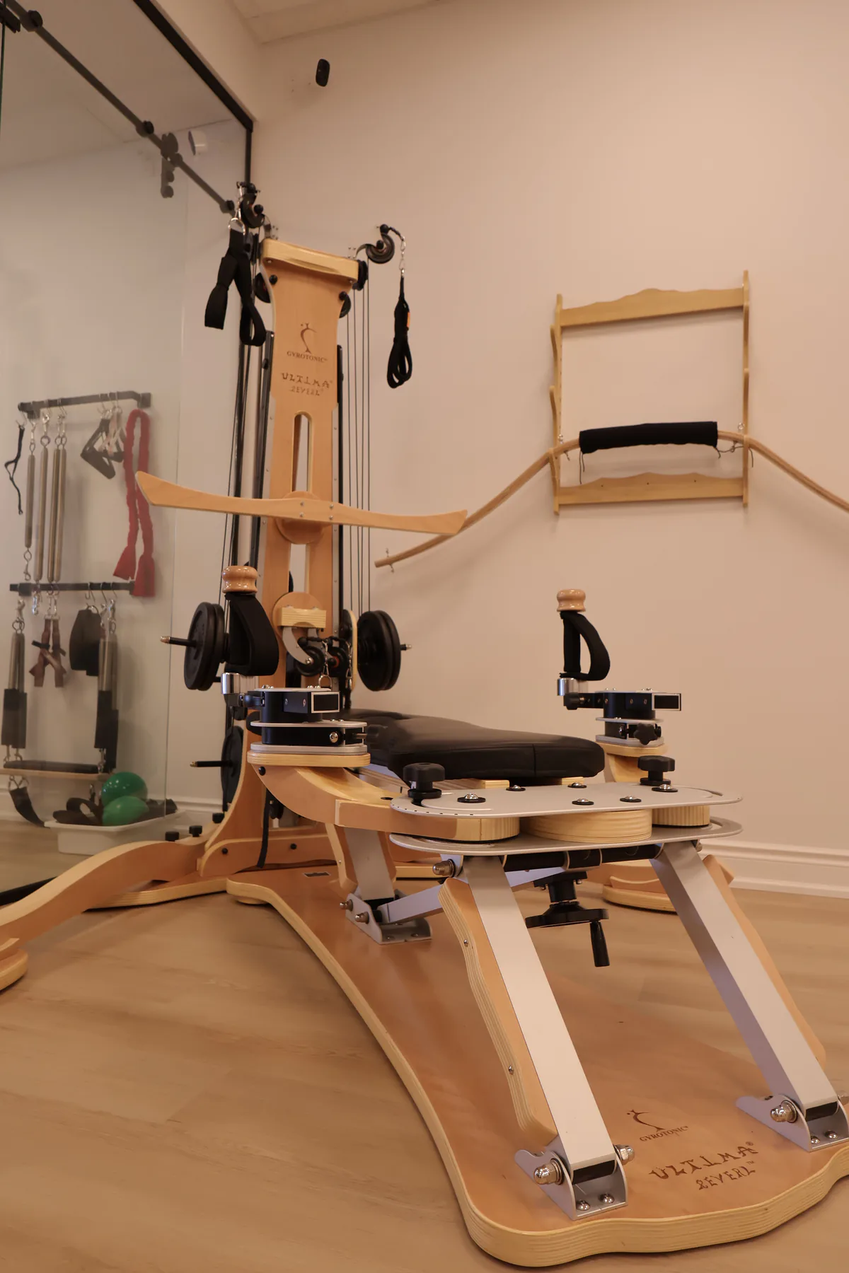 Detailed portrait of the GYROTONIC® pulley tower apparatus.