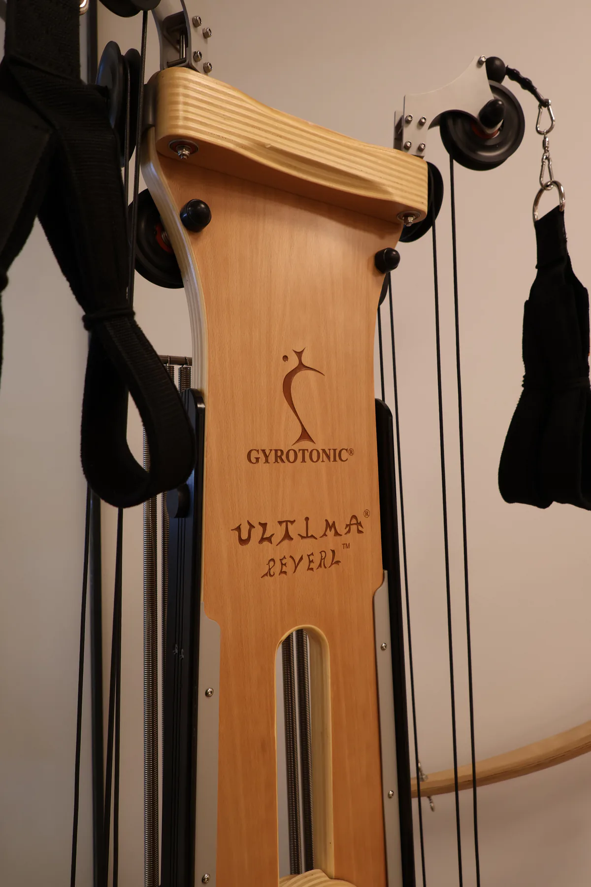 GYROTONIC® branding carved into the wooden pulley tower.